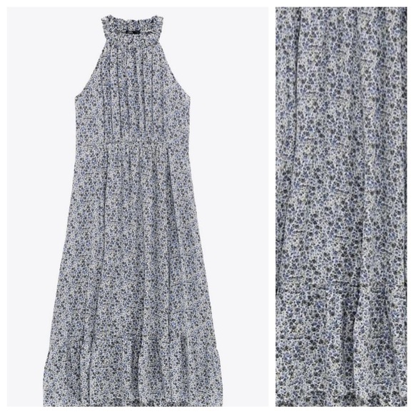 NWT. Zara White/Blue Floral Print Satin Effect Halterneck Midi Dress. Size S. - Picture 3 of 8